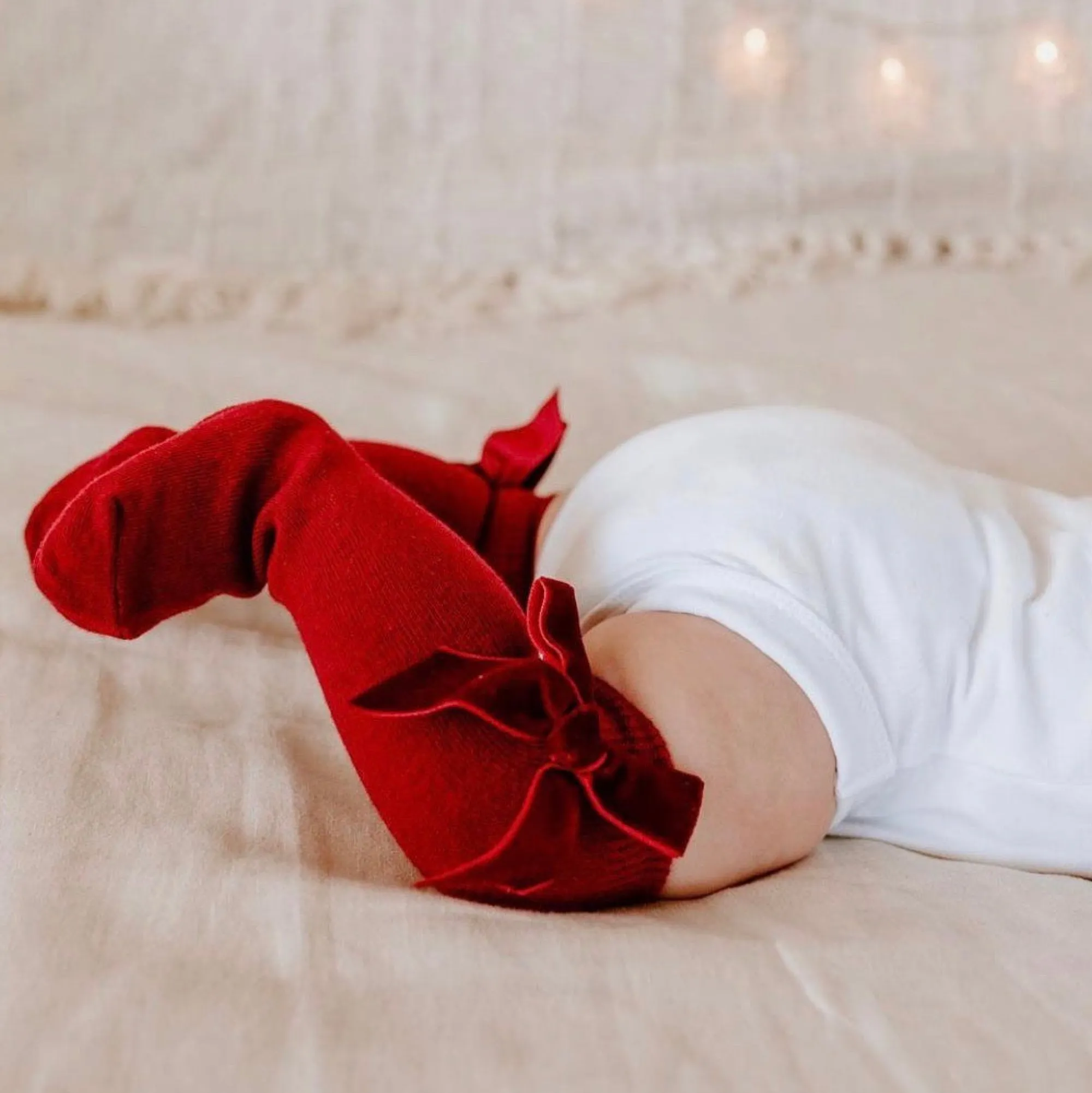 cherry_knee_high_bow_sock_2.webp Little & Fern Christmas>Cherry Knee High Bow Socks - 18 - 36 months